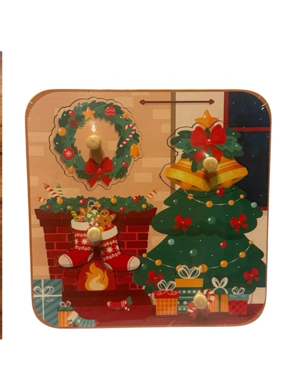 6” x 6” Christmas Tree Wreath Wooden Peg Block Puzzle Kids Holiday Games Toys